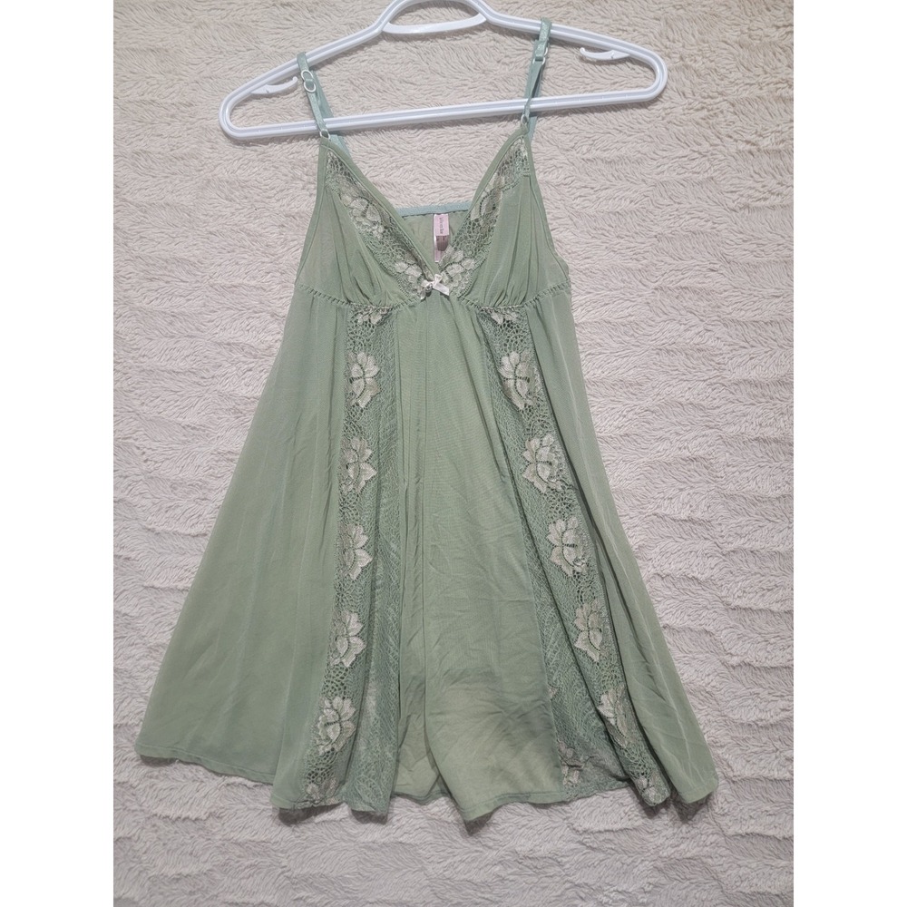 La Vie en Rose Sage Green Lace Mesh Babydoll Chemise Lingerie Womens Medium